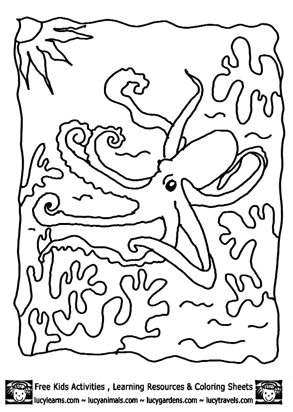 Coloriage d'une pieuvre entourée d'éléments marins