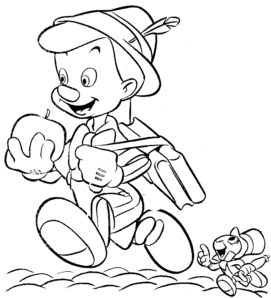 Coloriage de Pinocchio en train de sourire avec son ami Jiminy Cricket