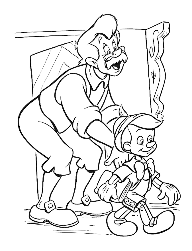 Pinocchio et Geppetto dans l'atelier du menuisier