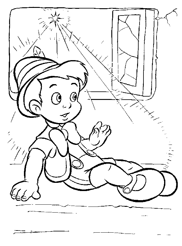 Pinocchio en train de sourire avec Gepetto dans son atelier