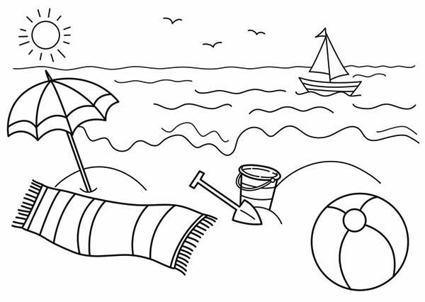 Scène de plage avec parasol et enfants jouant dans le sable