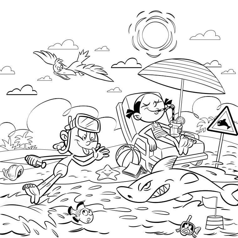 Scène de plage avec enfants jouant et construisant un château de sable
