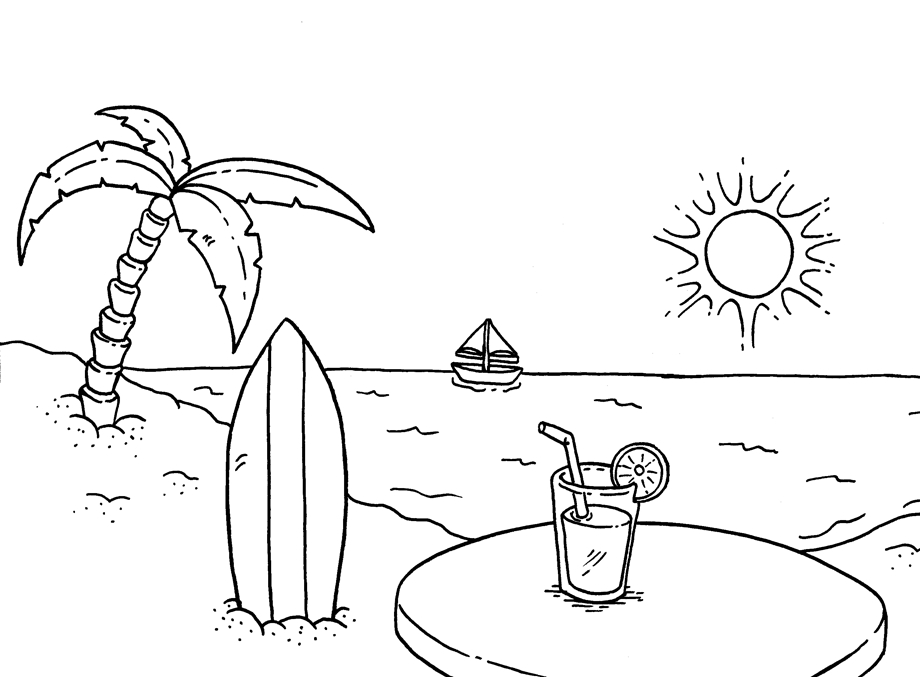 Coloriage d'une scène de plage avec des personnages et des activités estivales