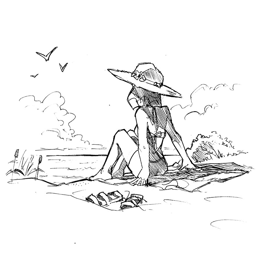 Scène de plage animée avec personnages et accessoires d'été