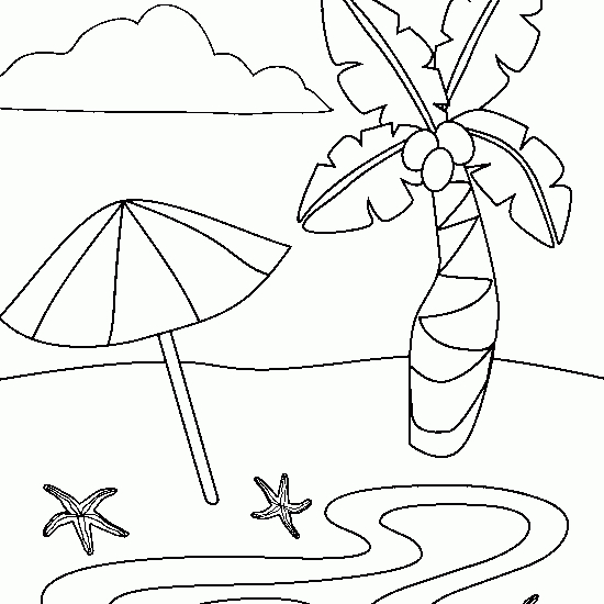 Coloriage d'une plage animée avec des enfants jouant et des éléments naturels