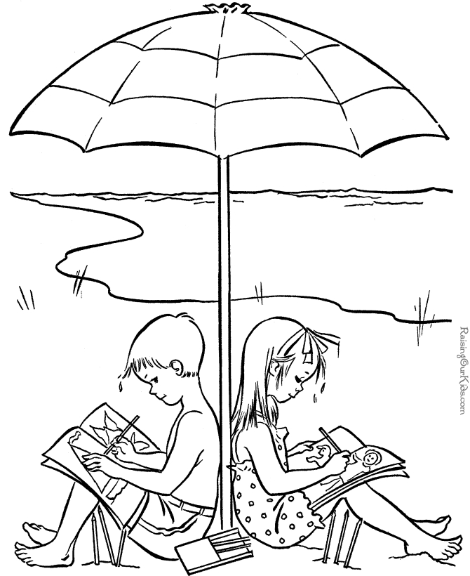 Scène de plage animée avec enfants jouant et un parasol coloré