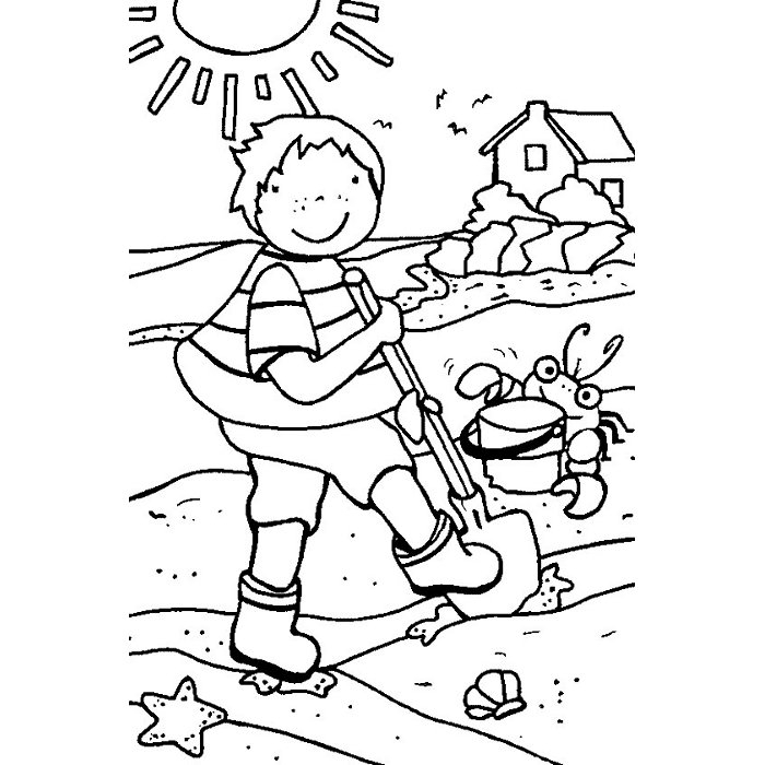Scène de plage animée avec enfants jouant et construisant un château de sable