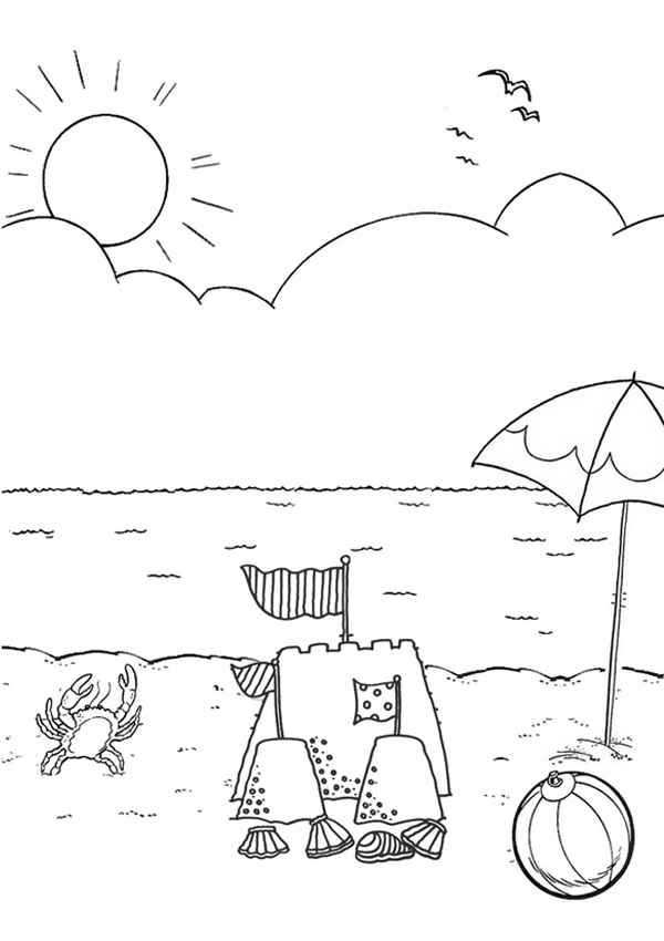 Scène de plage avec enfants jouant et construisant un château de sable