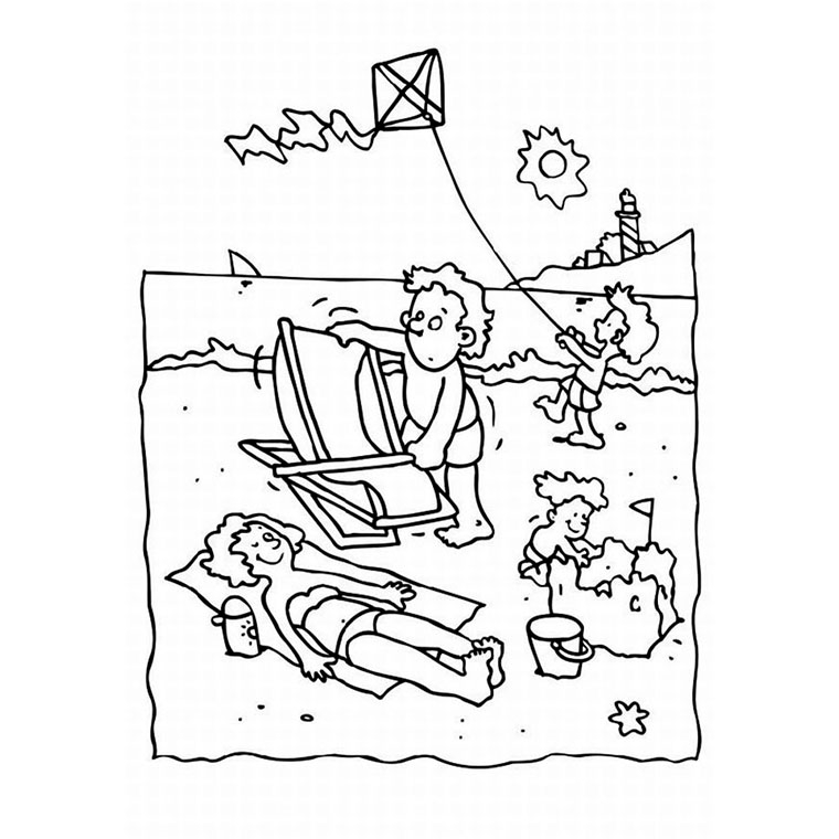 Scène de plage avec des enfants jouant et un décor ensoleillé