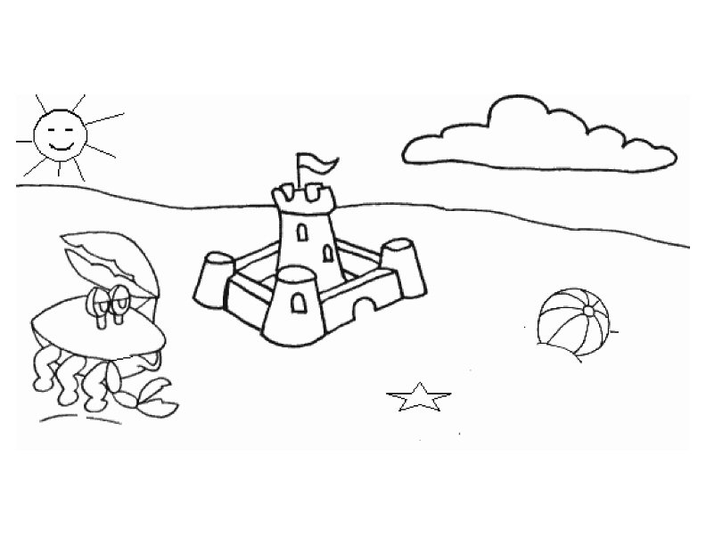 Scène de plage avec enfants jouant et construisant un château de sable