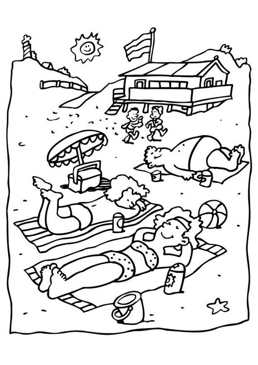 Scène de plage animée avec enfants jouant et un soleil éclatant