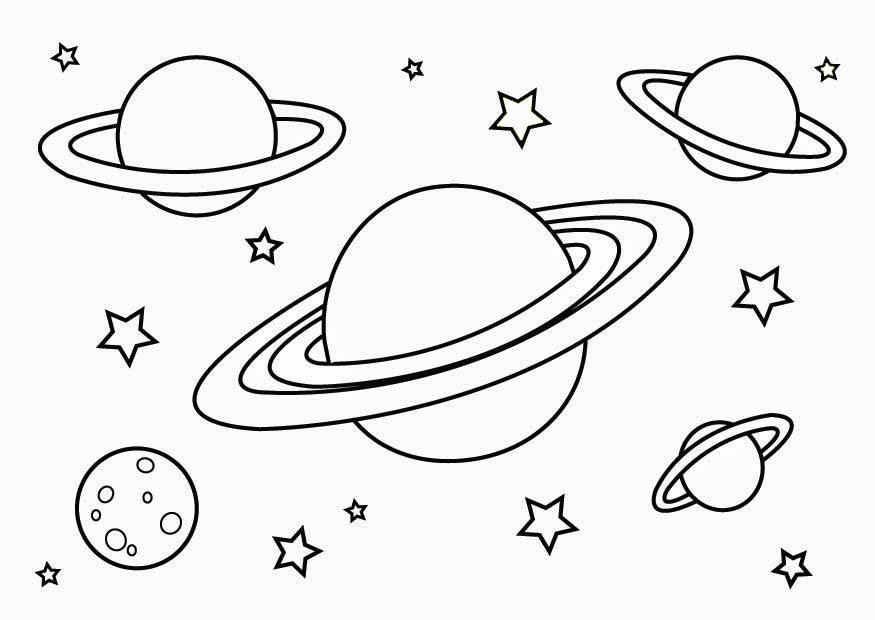 Coloriage d'une planète entourée d'étoiles et de nuages