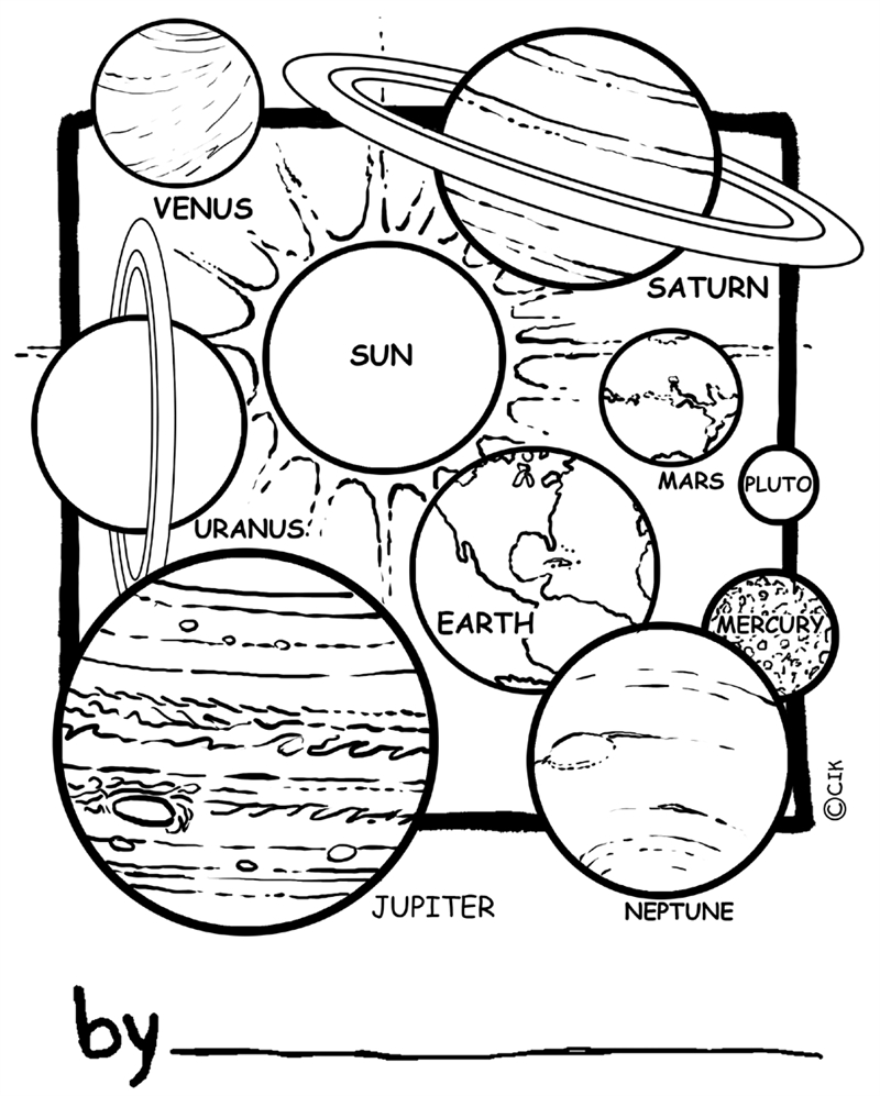 Coloriage d'une planète entourée d'étoiles et d'un nuage