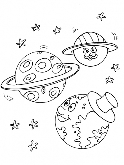 Coloriage d'une planète entourée d'étoiles et de nuages
