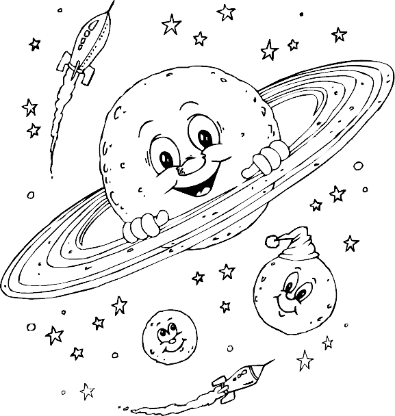 Coloriage d'une planète entourée d'astres et d'étoiles