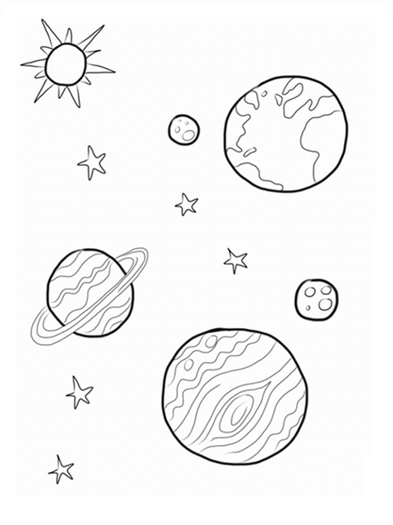 Coloriage d'une planète avec des étoiles et des nuages