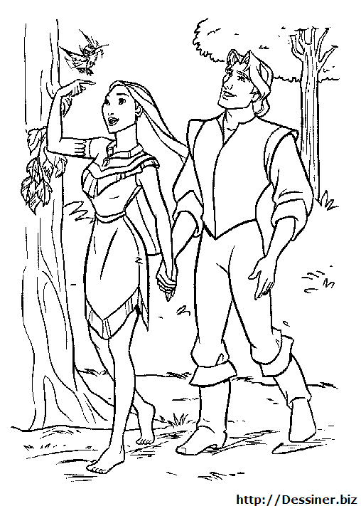 Pocahontas contemplant la nature devant un paysage forestier