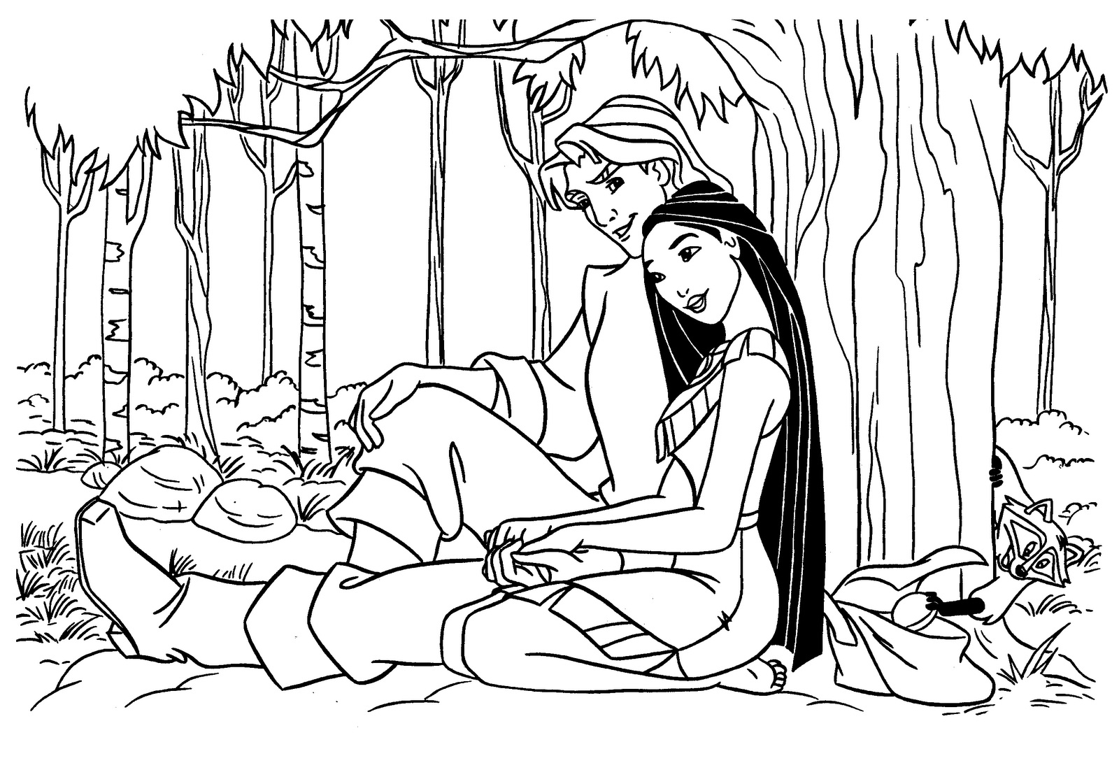 Pocahontas contemplant la nature sous un ciel étoilé