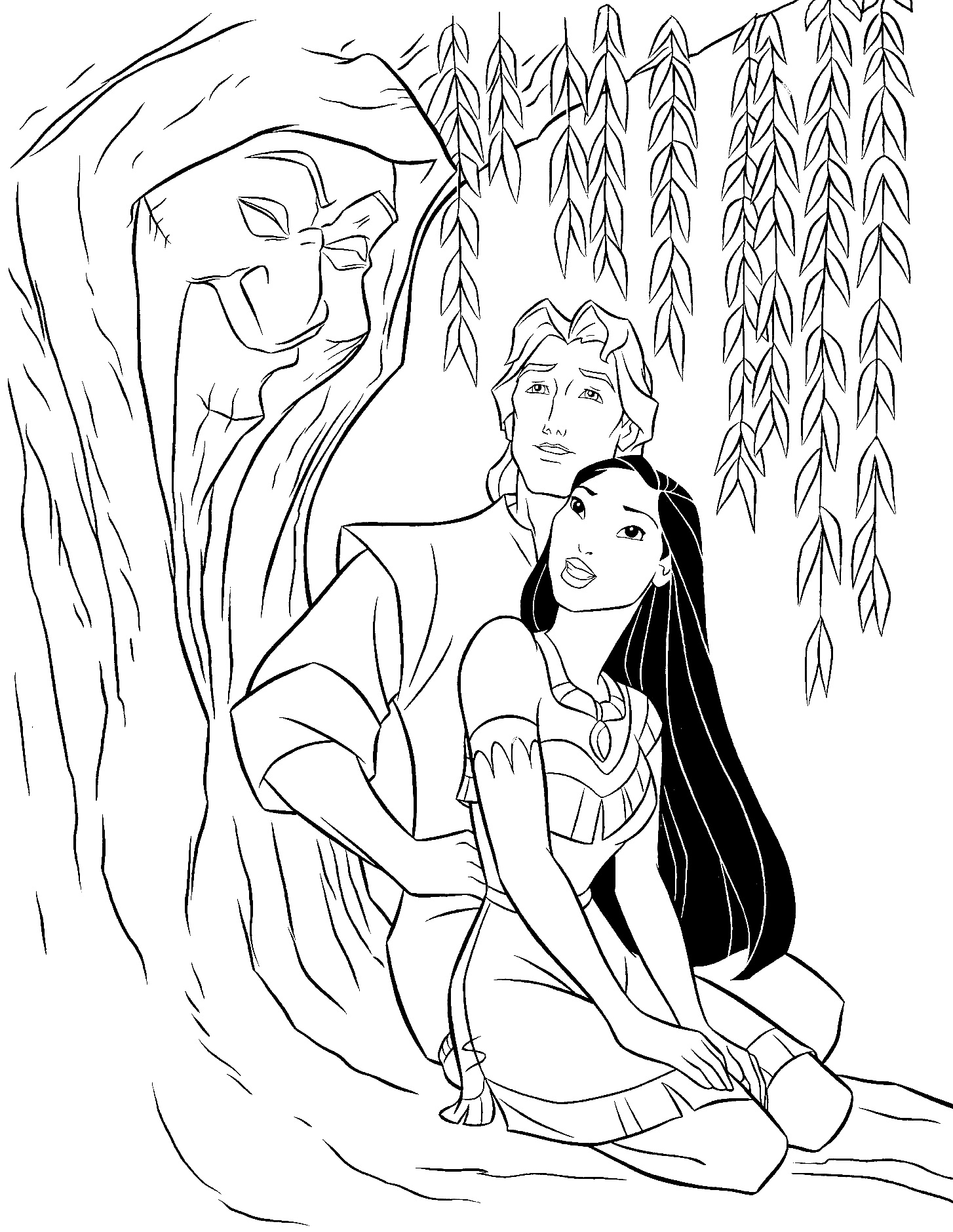 Pocahontas contemplant la nature entourée d'animaux