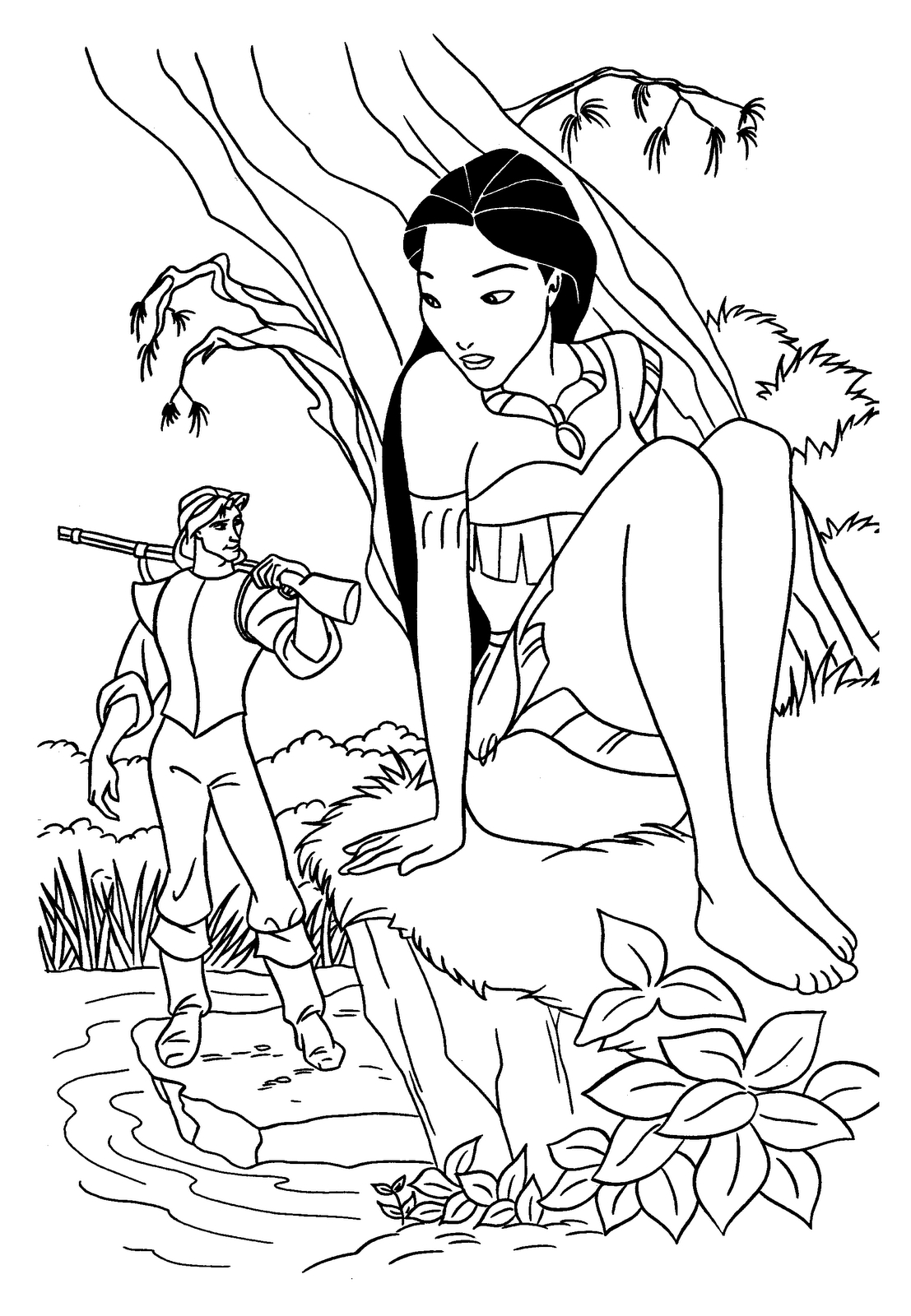 Pocahontas contemplant la nature avec un oiseau sur l'épaule