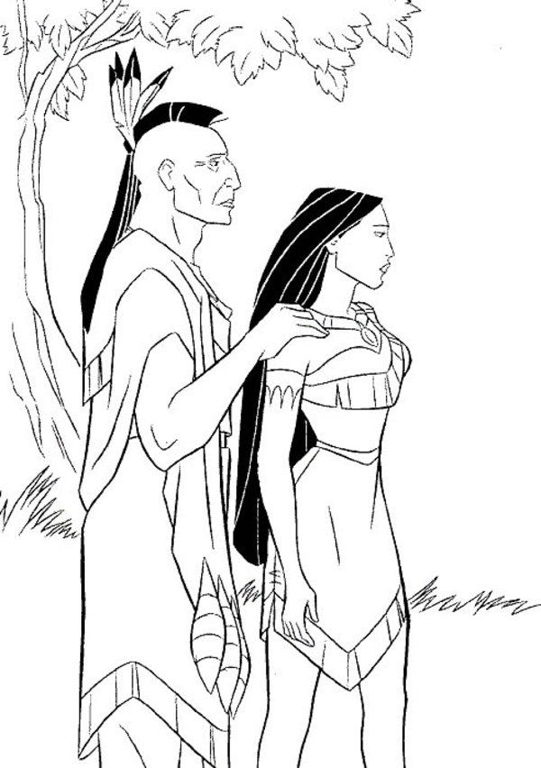 Pocahontas contemplant la nature avec un ciel étoilé en arrière-plan