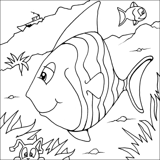 Coloriage d'un poisson nageant parmi les algues marines
