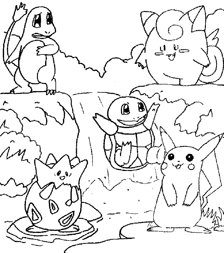 Coloriage de Pokémon : un Pikachu joyeux au cœur de la nature