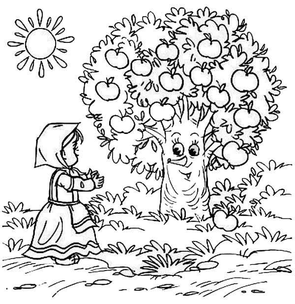 Coloriage d'un pommier avec des pommes et un paysage simple