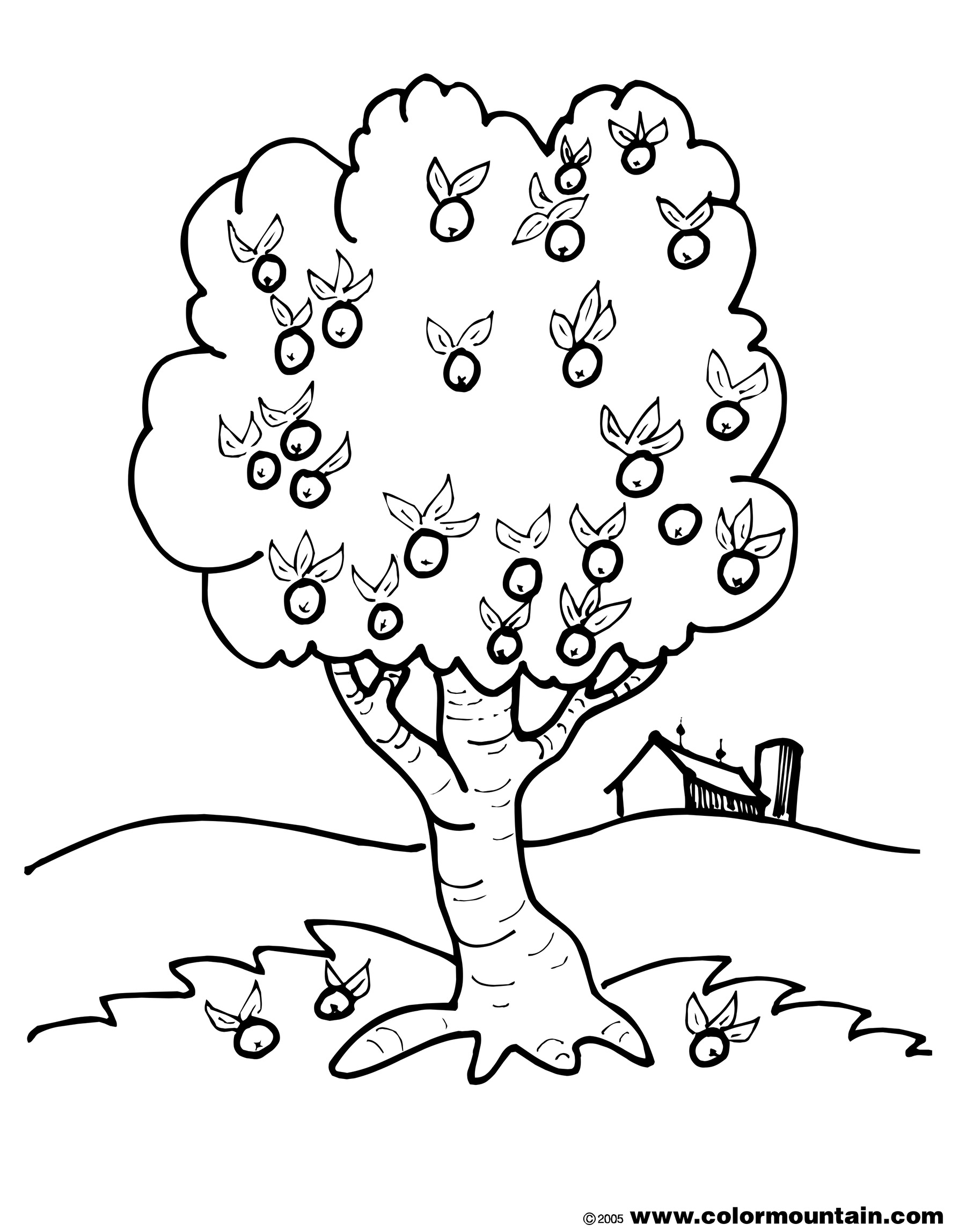 Coloriage d'un pommier en pleine floraison sous un ciel dégagé