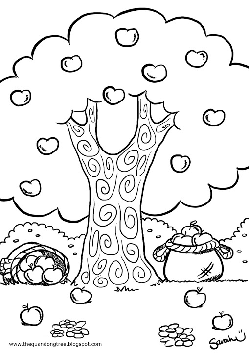 Coloriage d'un pommier avec des pommes et un ciel nuageux