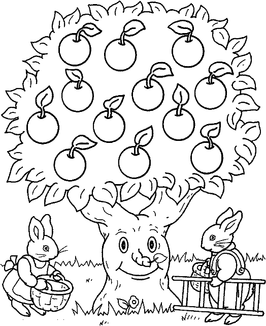 Coloriage d'un pommier avec des pommes et un ciel nuageux