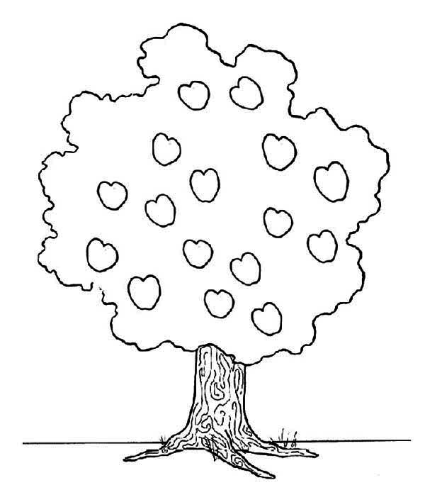 Coloriage d'un pommier avec des pommes et un ciel nuageux