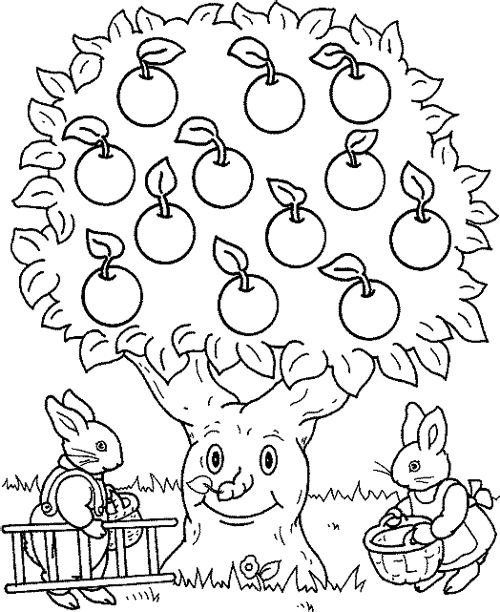 Coloriage d'un pommier dans un jardin ensoleillé