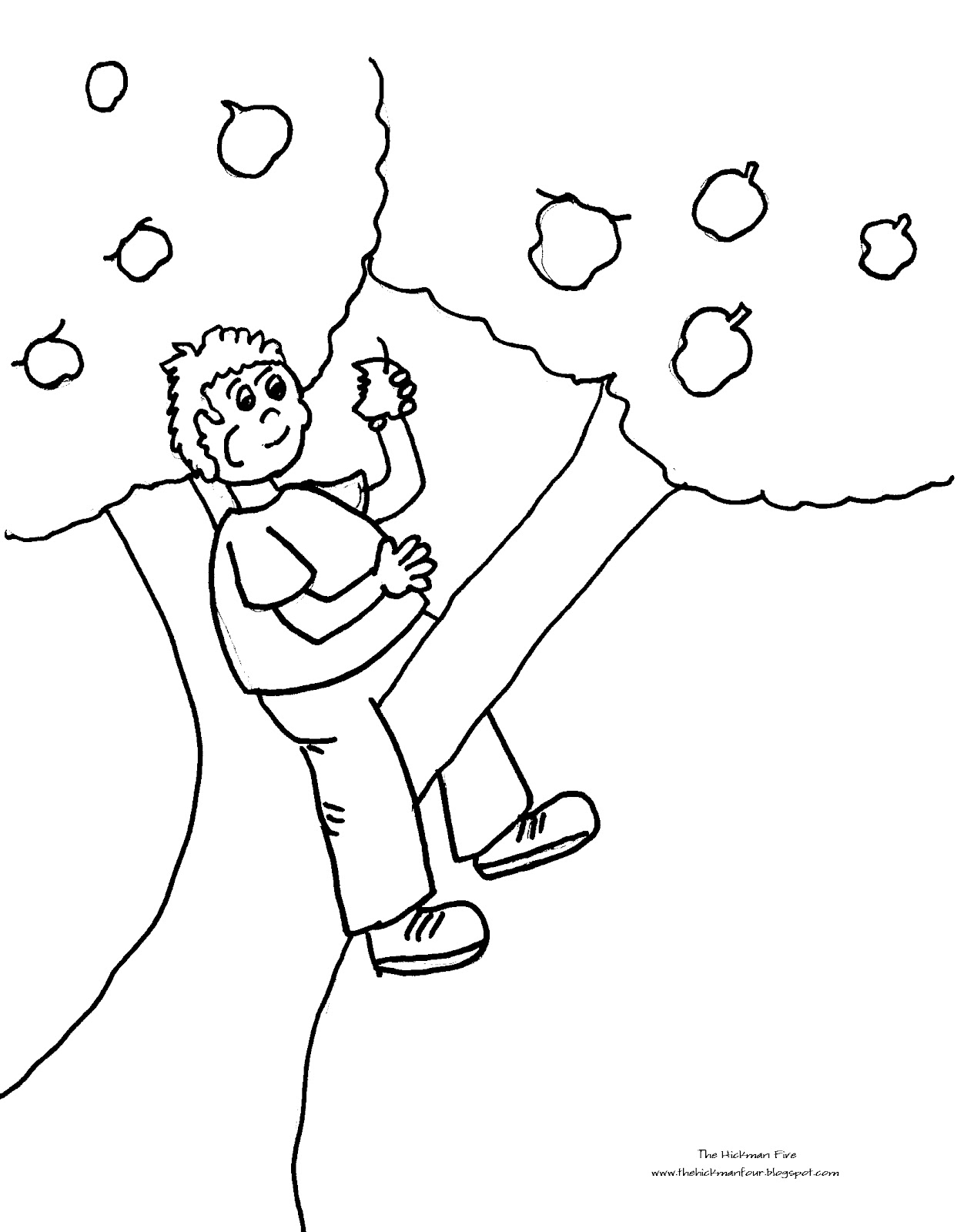 Coloriage d'un pommier avec des fruits et un paysage de fond