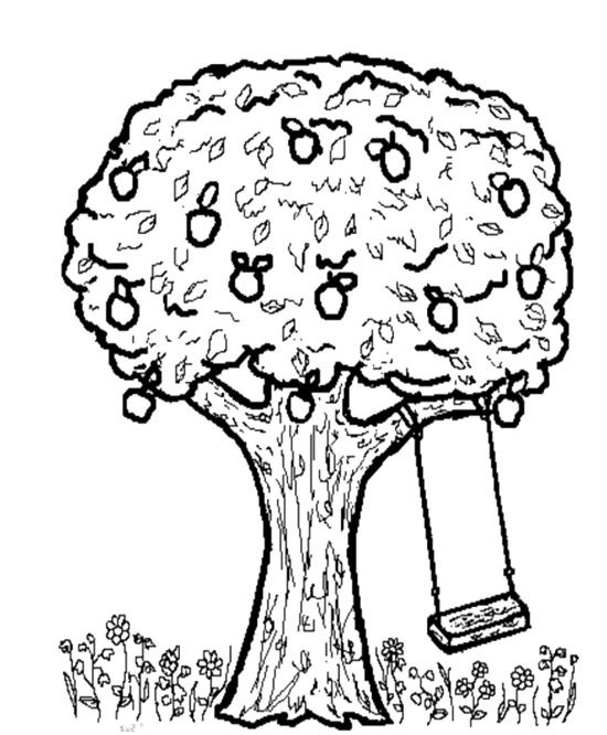 Coloriage d'un pommier avec des fruits et un décor naturel