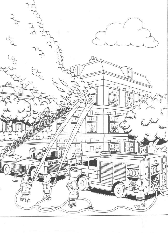 Coloriage d'un pompier en action dans un environnement urbain