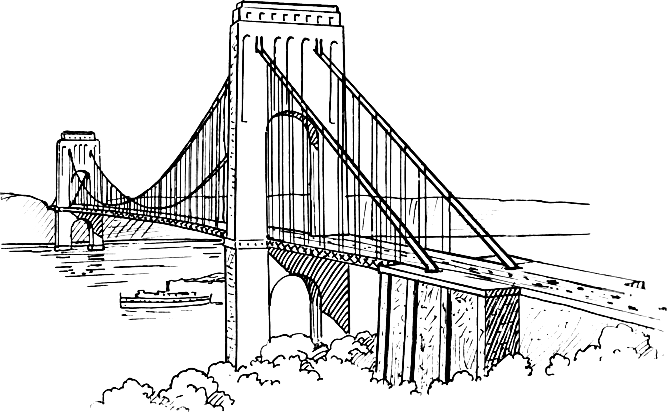 Coloriage d'un pont majestueux au-dessus d'une rivière paisible