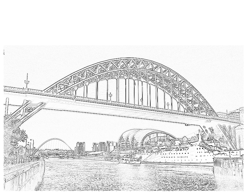 Coloriage d'un pont stylisé au-dessus d'une rivière paisible