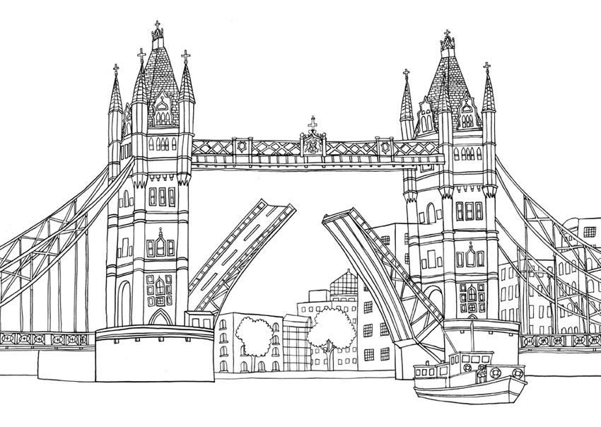 Coloriage d'un pont majestueux enjambant une rivière paisible