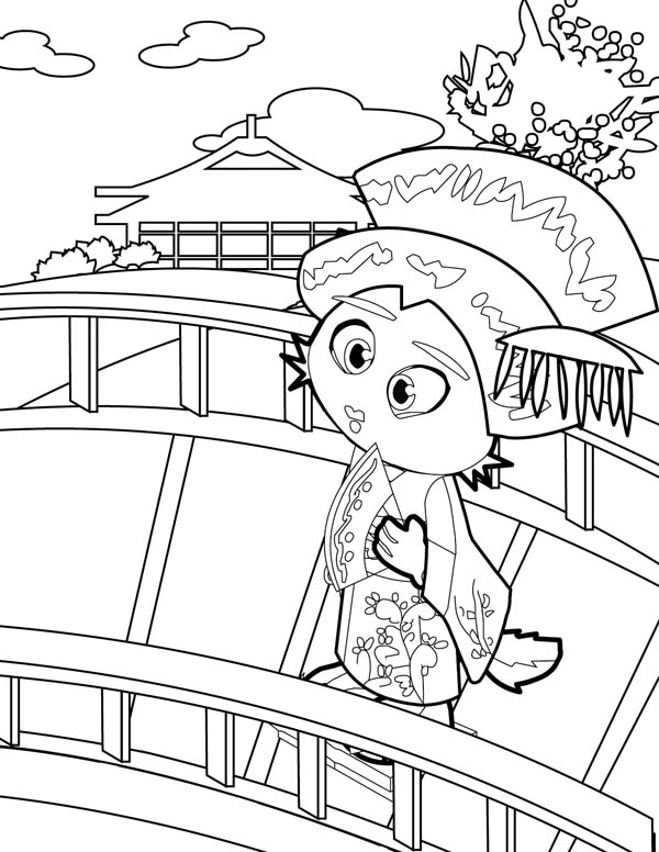 Coloriage d'un pont en bois au-dessus d'une rivière paisible