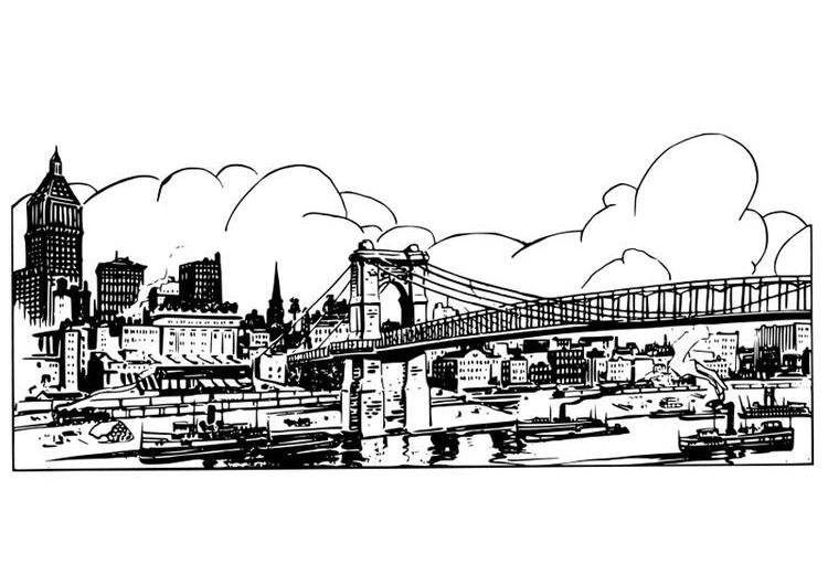 Coloriage d'un pont au-dessus d'une rivière entourée d'arbres
