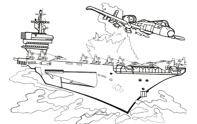 Coloriage d'un porte-avion en vol avec un ciel dégagé