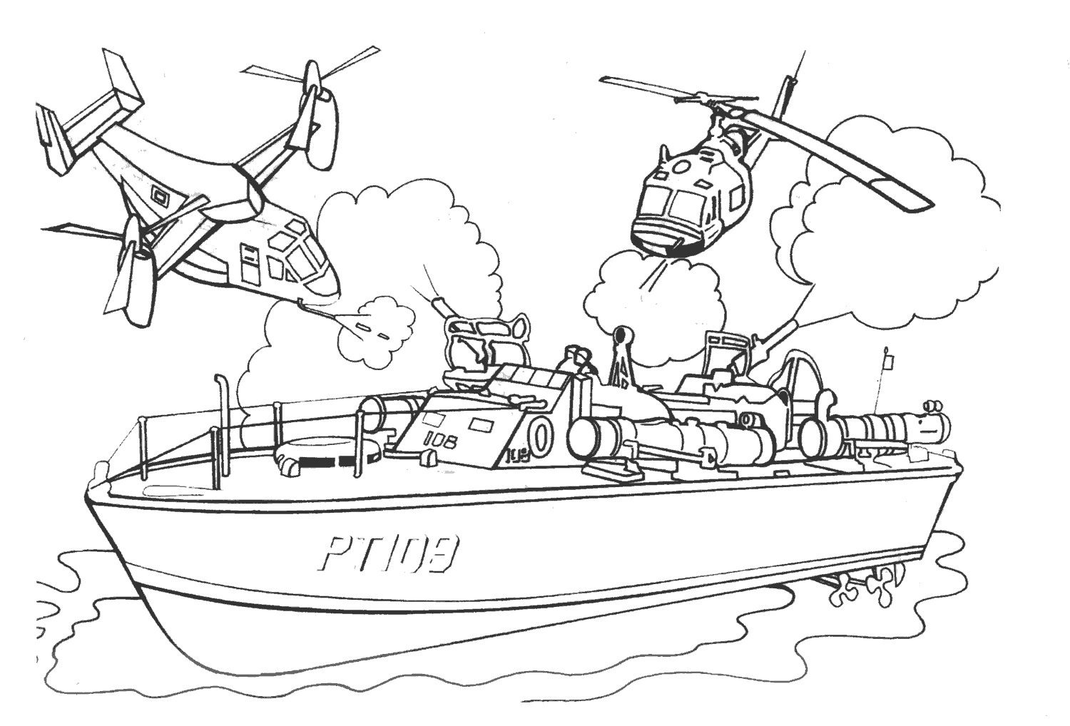 Coloriage d'un porte-avion en plein vol au-dessus de l'océan