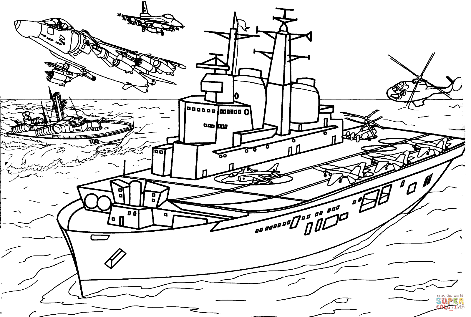 Coloriage d'un porte-avions en pleine action sur la mer