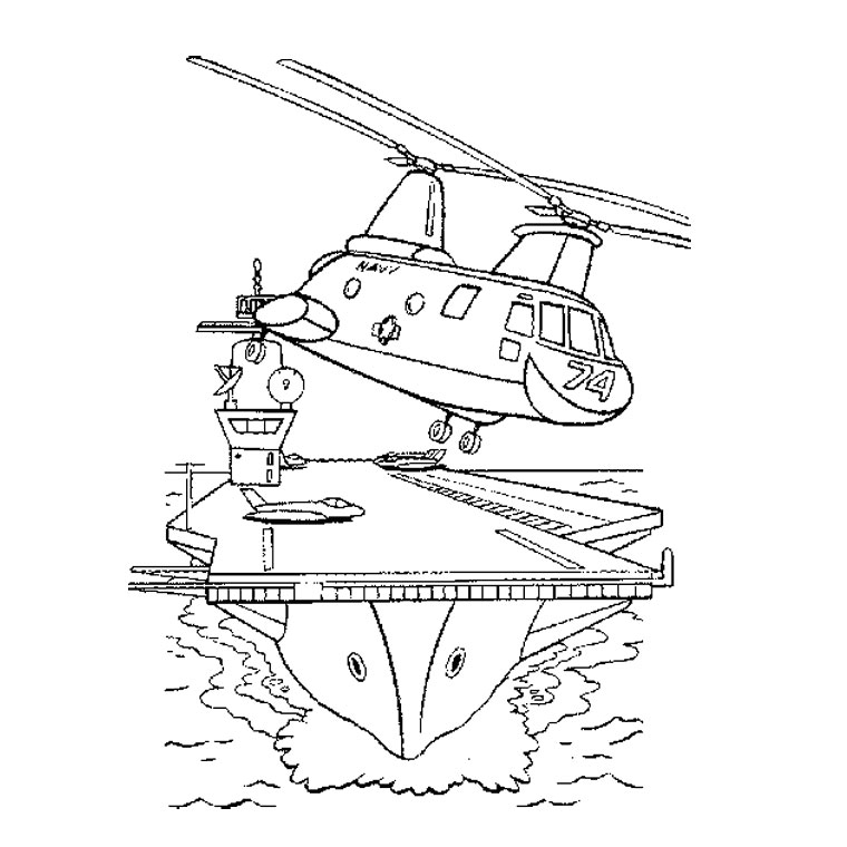 Coloriage d'un porte-avions en pleine mer avec avions de chasse