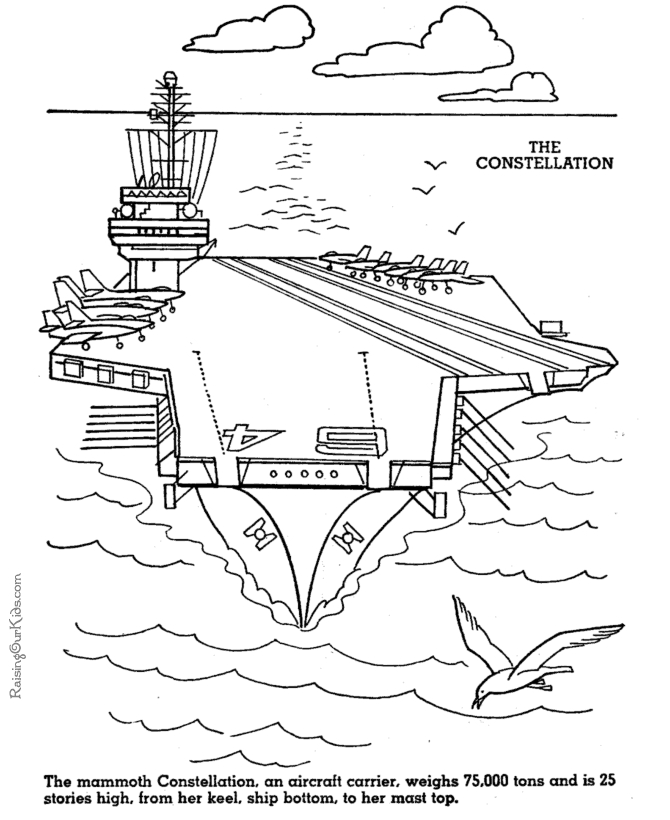 Coloriage d'un porte-avions en pleine mer avec avions en vol