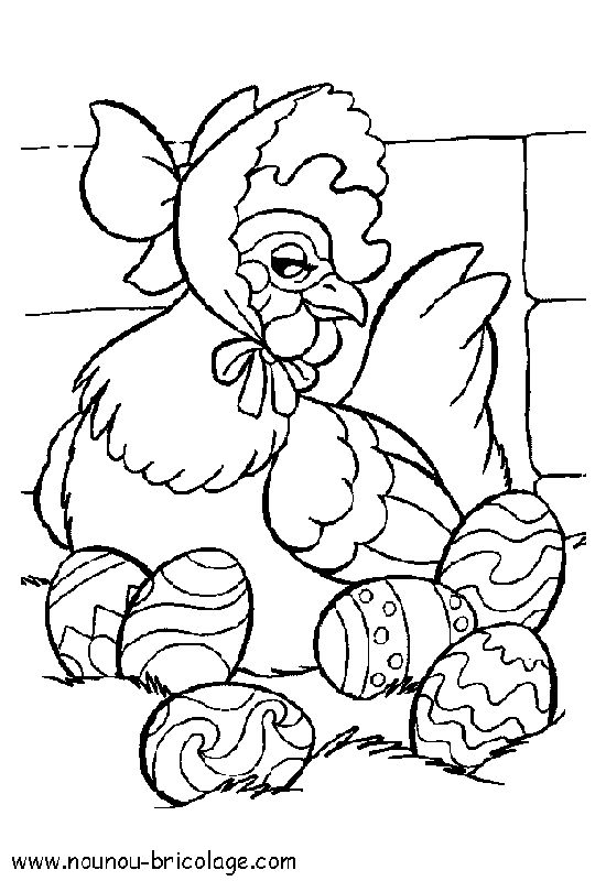 Coloriage d'une poule dans un décor rural