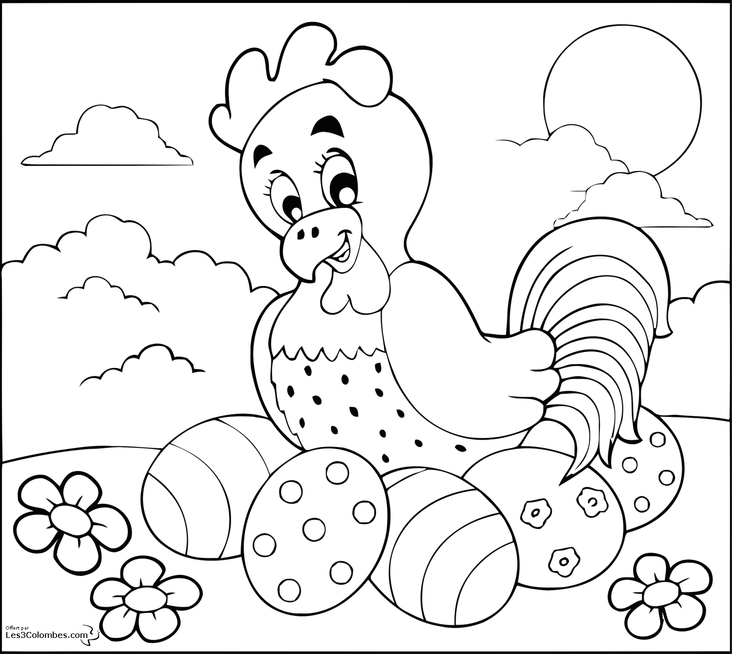 Coloriage d'une poule debout sur une prairie avec un ciel clair
