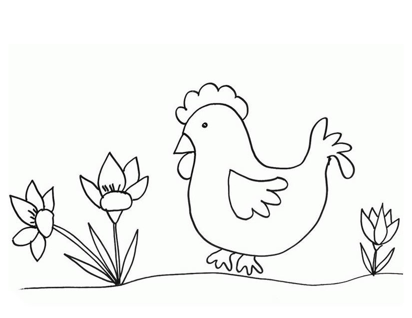 Coloriage d'une poule dans un environnement naturel