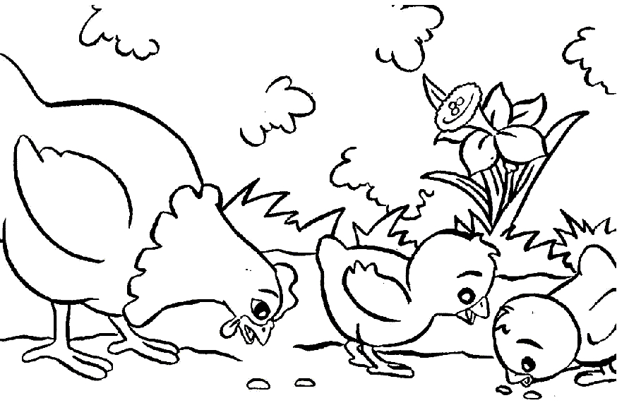 Coloriage d'une poule rousse dans un décor champêtre